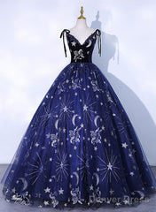 Cute Navy Blue Ball Gown V-Neckline Party Dress, Navy Blue Sweet 16 Dress