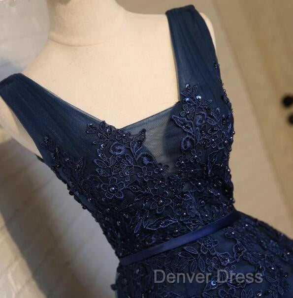 Cute Navy Blue Knee Length Lace Applique Prom Dress, Homecoming Dresses