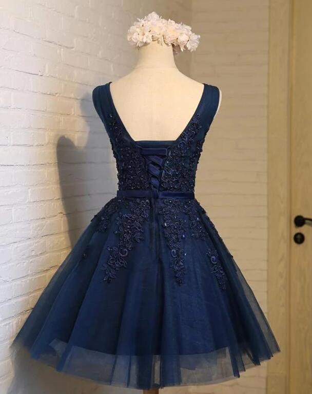 Cute Navy Blue Knee Length Lace Applique Prom Dress, Homecoming Dresses
