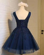 Cute Navy Blue Knee Length Lace Applique Prom Dress, Homecoming Dresses