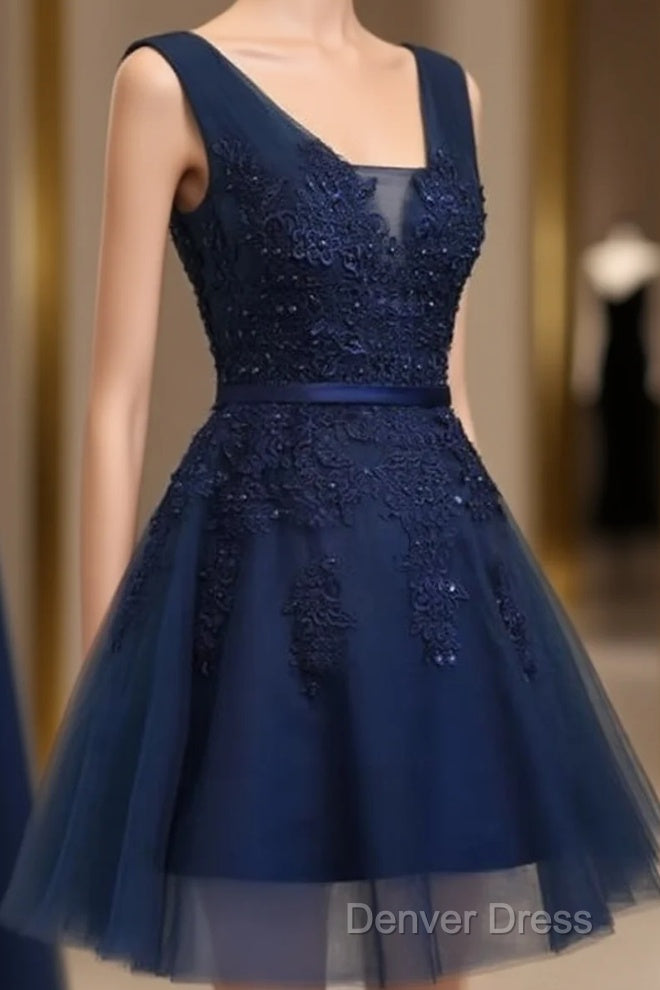 Cute Navy Blue Knee Length Lace Applique Party Dresses, Homecoming Dresses Main image
