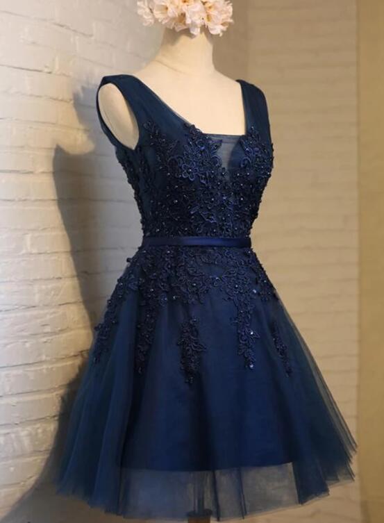 Cute Navy Blue Knee Length Lace Applique Prom Dress, Homecoming Dresses Main image