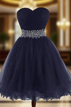 Cute Navy Blue Sweetheart Beaded Homecoming Dress, Short Prom Dresses