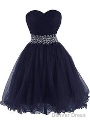 Cute Navy Blue Sweetheart Beaded Homecoming Dress, Short Prom Dress