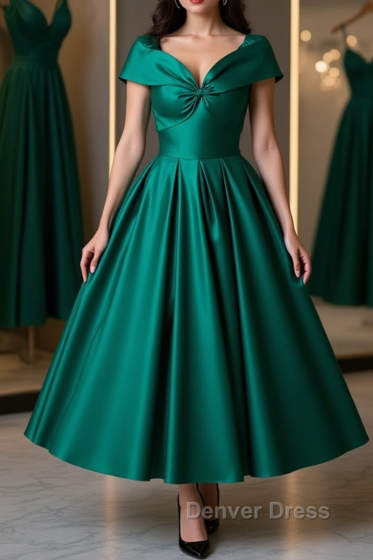 Cute Off Shoulder Green Satin Short Prom Dress, Off the Shoulder Green Homecoming Dress, Green Prom Dresses Main image