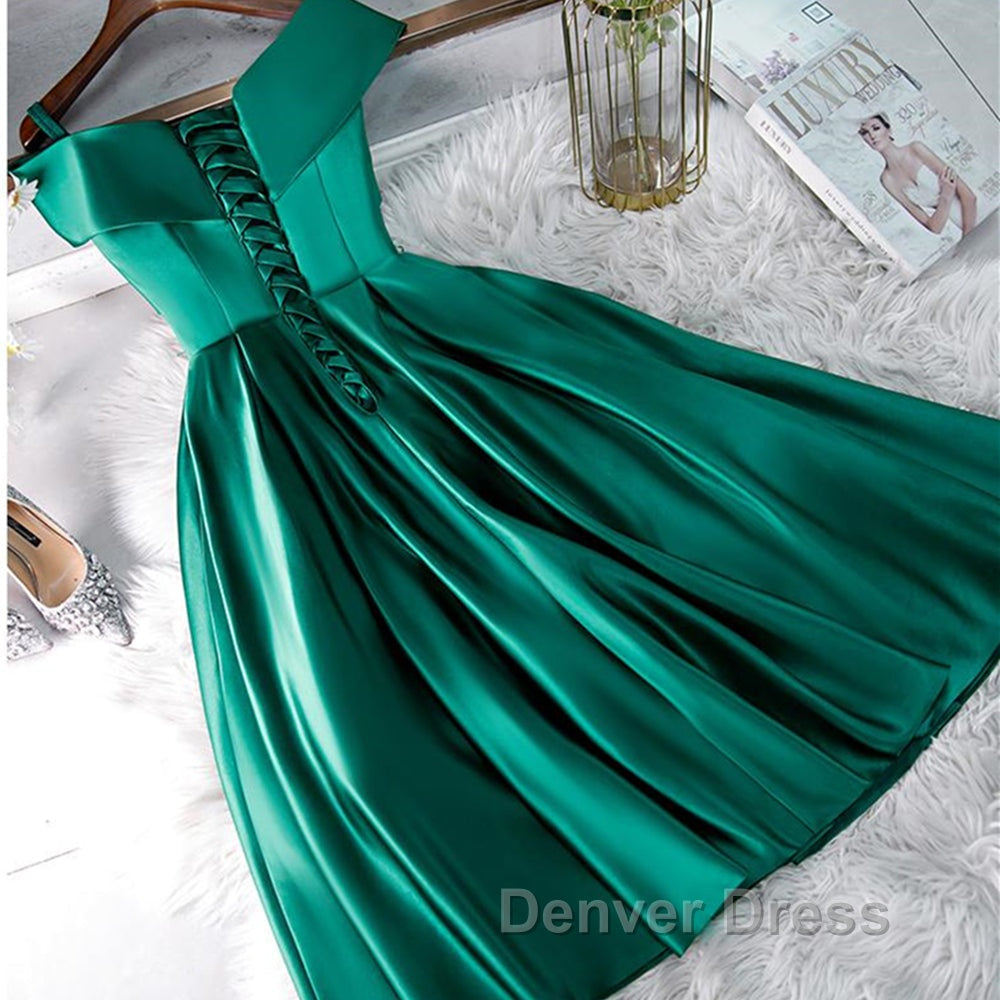 Cute Off Shoulder Green Satin Short Prom Dress, Off the Shoulder Green Homecoming Dress, Green Prom Dresses