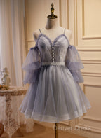 Cute Off Shoulder Tulle And Lace Straps Homecoming Dresses, Short Prom Dresses