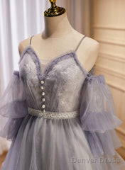 Cute Off Shoulder Tulle And Lace Straps Homecoming Dress, Short Prom Dress