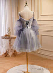 Cute Off Shoulder Tulle And Lace Straps Homecoming Dress, Short Prom Dress