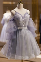 Cute Off Shoulder Tulle And Lace Straps Homecoming Dresses, Short Prom Dresses