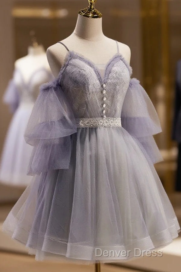 Cute Off Shoulder Tulle And Lace Straps Homecoming Dresses, Short Prom Dresses