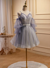 Cute Off Shoulder Tulle And Lace Straps Homecoming Dress, Short Prom Dress