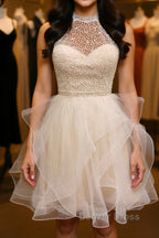 Cute Open Back Champagne Beaded Short Prom Dress, Fluffy Champagne Beaded Homecoming Dresses