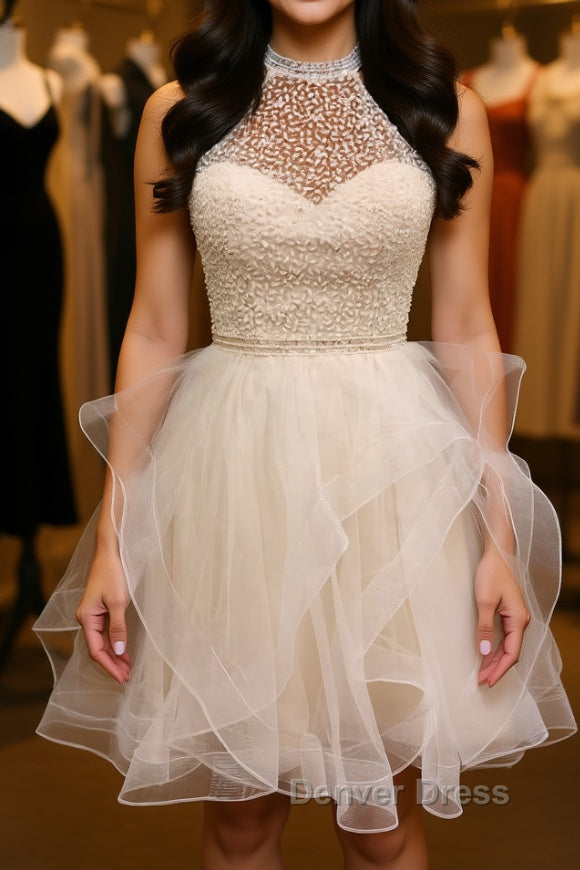 Cute Open Back Champagne Beaded Short Prom Dress, Fluffy Champagne Beaded Homecoming Dresses
