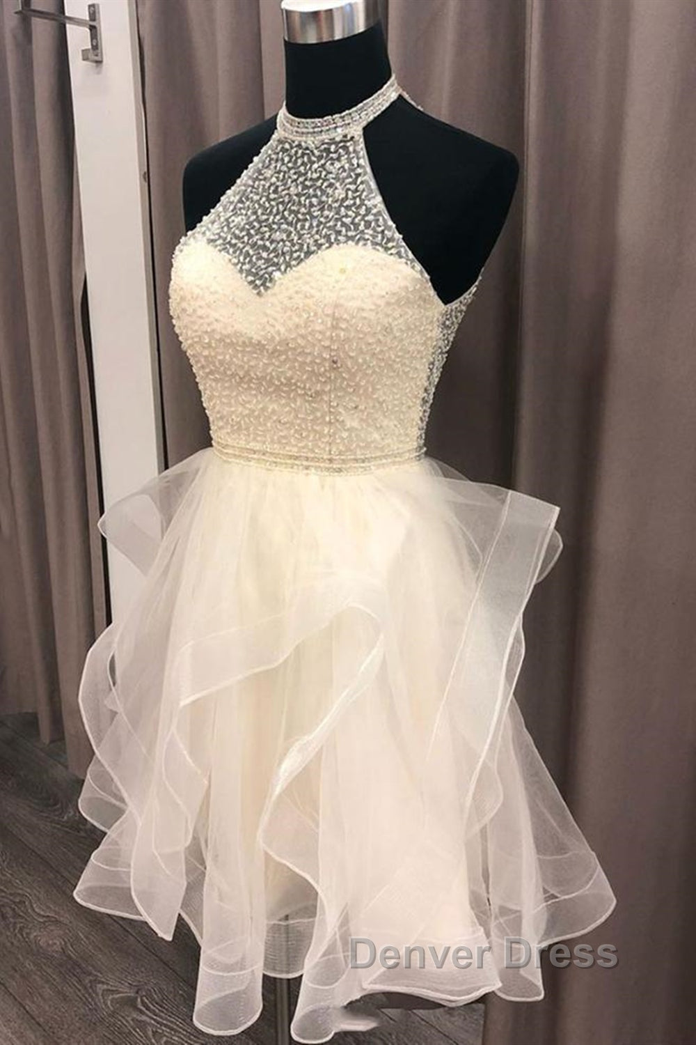Cute Open Back Champagne Beaded Short Prom Dress, Fluffy Champagne Beaded Homecoming Dresses