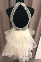 Cute Open Back Champagne Beaded Short Prom Dress, Fluffy Champagne Beaded Homecoming Dresses