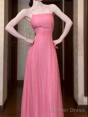 Cute Pink A-Line Chiffon Spaghetti Strap Backless Long Prom Dress Party Dress