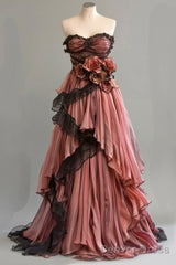 Cute Pink A-Line Strapless Chiffon Tulle Long Prom Dress Vintage Applique Birthday Prom Dress