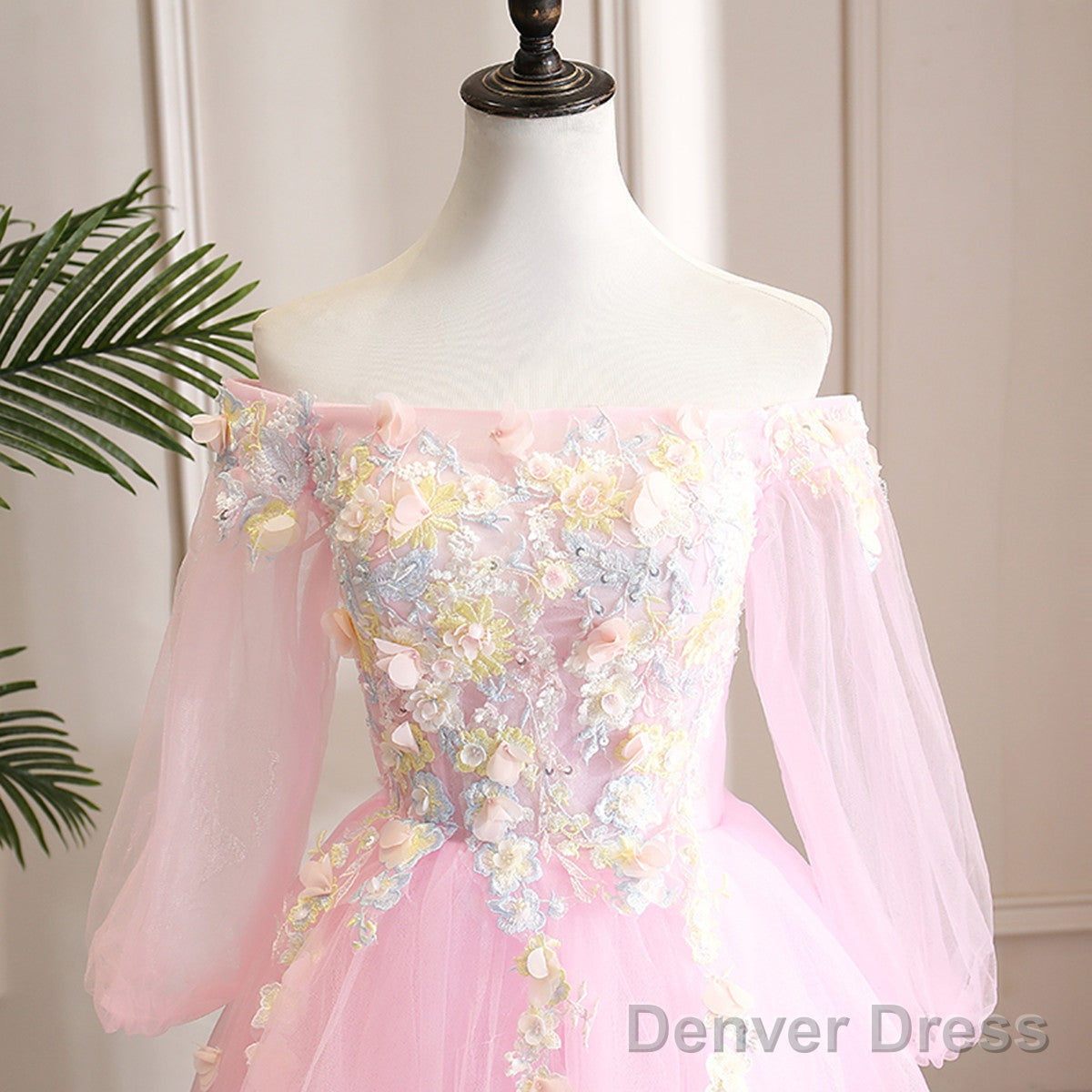 Cute Pink Ball Gowns Sweet 16 Dress With Flowers, Pink Tulle Long Prom Dresses Secondary image