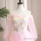 Cute Pink Ball Gowns Sweet 16 Dress With Flowers, Pink Tulle Long Prom Dresses