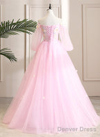 Cute Pink Ball Gowns Sweet 16 Dress With Flowers, Pink Tulle Long Prom Dresses