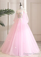 Cute Pink Ball Gowns Sweet 16 Dress With Flowers, Pink Tulle Long Prom Dresses