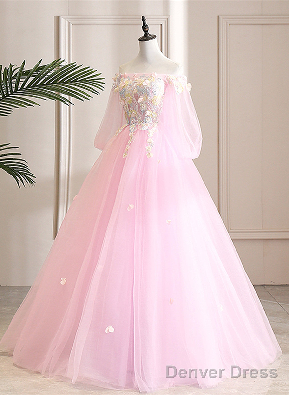 Cute Pink Ball Gowns Sweet 16 Dress With Flowers, Pink Tulle Long Prom Dresses