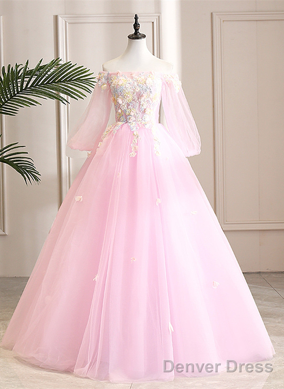 Cute Pink Ball Gowns Sweet 16 Dress With Flowers, Pink Tulle Long Prom Dresses Main image