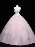 Cute Pink Ball Gowns Tulle with Flowers Sweet 16 Dress, Pink Tulle Prom Dresses