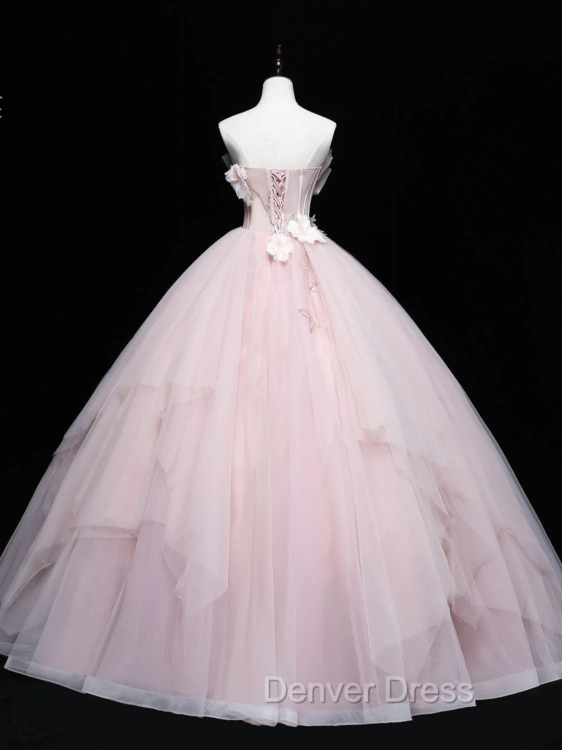 Cute Pink Ball Gowns Tulle with Flowers Sweet 16 Dress, Pink Tulle Prom Dresses