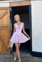 Cute Pink Deep V Polka Dot A-Line Birthday Dresses Homecoming Dresses