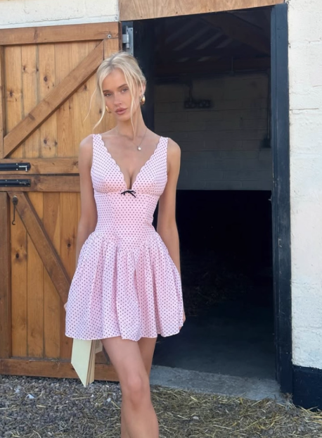 Cute Pink Deep V Polka Dot A-Line Birthday Dresses Homecoming Dresses