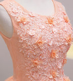 Cute Pink Flowers And Lace Applique Round Neckline Prom Dress, Pink Homecoming Dresses