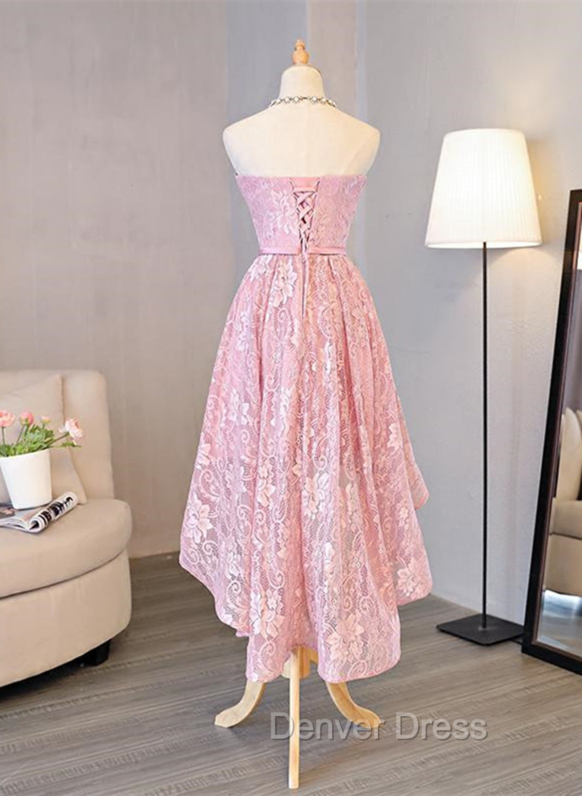 Cute Pink High Low Lace Scoop Homecoming Dress, Pink Short Prom Dresses Secondary image