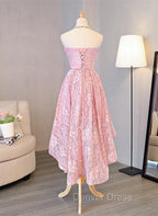Cute Pink High Low Lace Scoop Homecoming Dress, Pink Short Prom Dresses