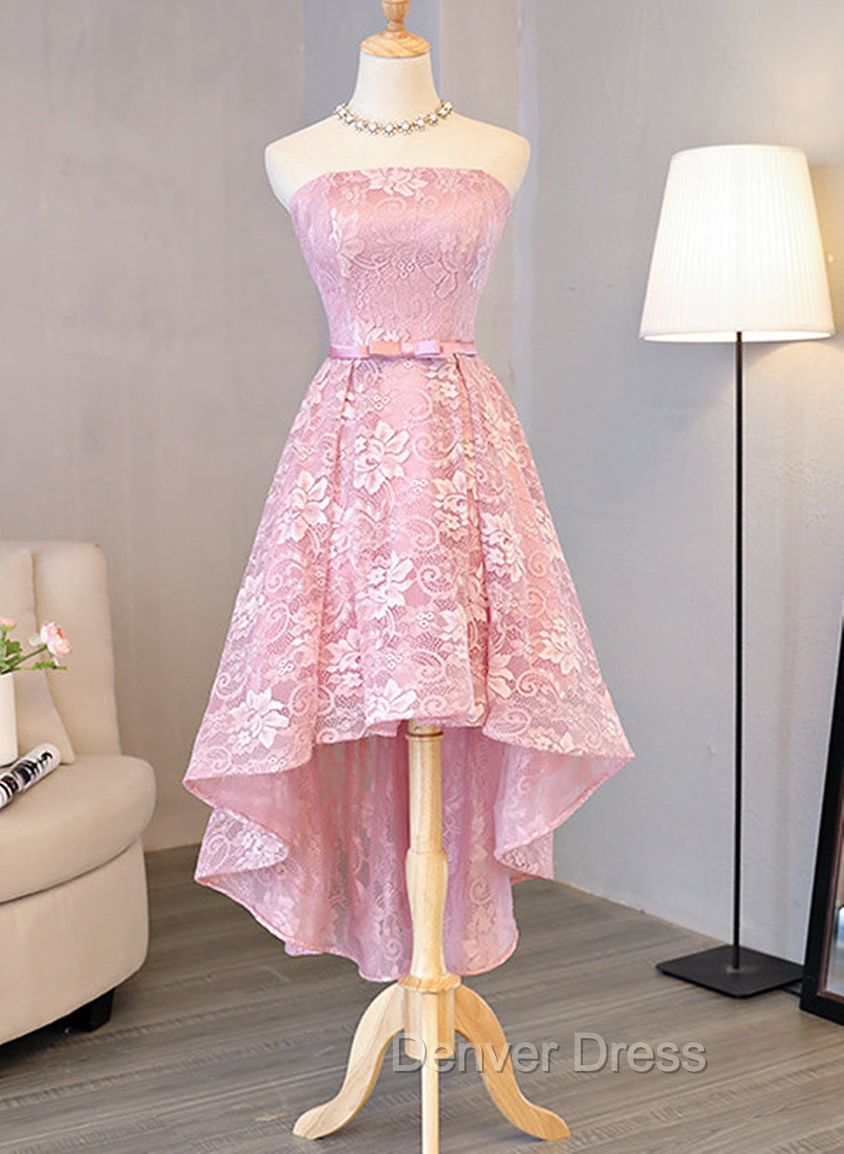 Cute Pink High Low Lace Scoop Homecoming Dresses, Pink Short Prom Dresses Main image
