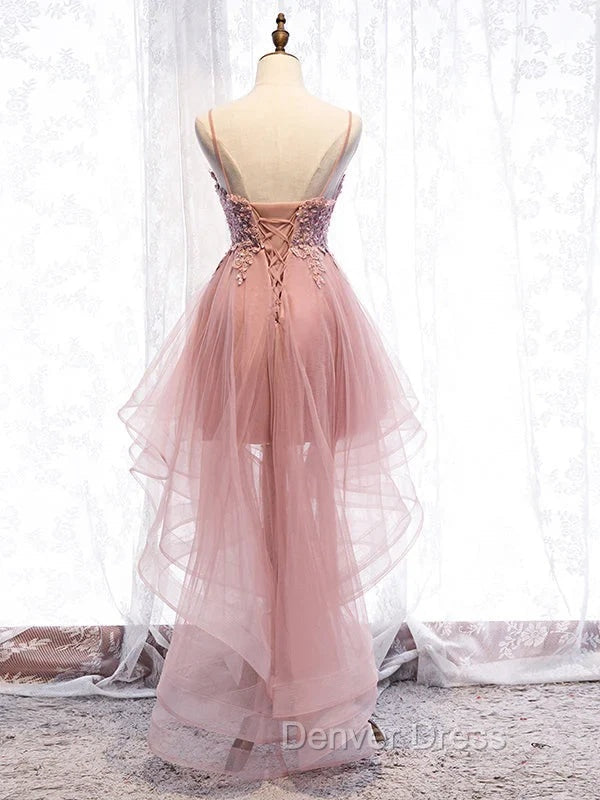 Cute Pink High Low Tulle with Lace Prom Dress High Low Homecoming Dress prom Dresses shops