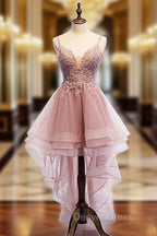 Cute Pink High Low Tulle with Lace Prom Dress High Low Homecoming Dress prom Dresses shops