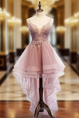 Cute Pink High Low Tulle with Lace Prom Dresses High Low Homecoming Dresses prom Dresses shops
