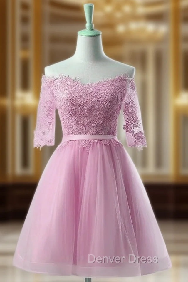 Cute Pink Knee Length Short Sleeves Party Dresses, Tulle Prom Dresses