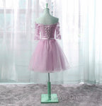 Cute Pink Knee Length Short Sleeves Party Dresses, Tulle Prom Dresses