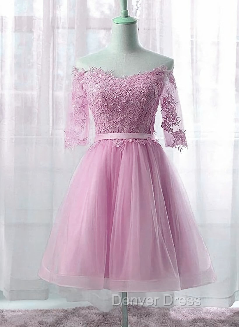 Cute Pink Knee Length Short Sleeves Prom Dress, Tulle Prom Dresses