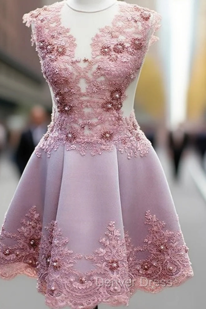 Cute Pink Lace Short Prom Dresses, Homecoming Dresses Main image