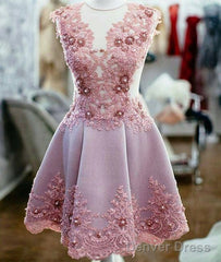 Cute Pink Lace Short Prom Dress, Homecoming Dress