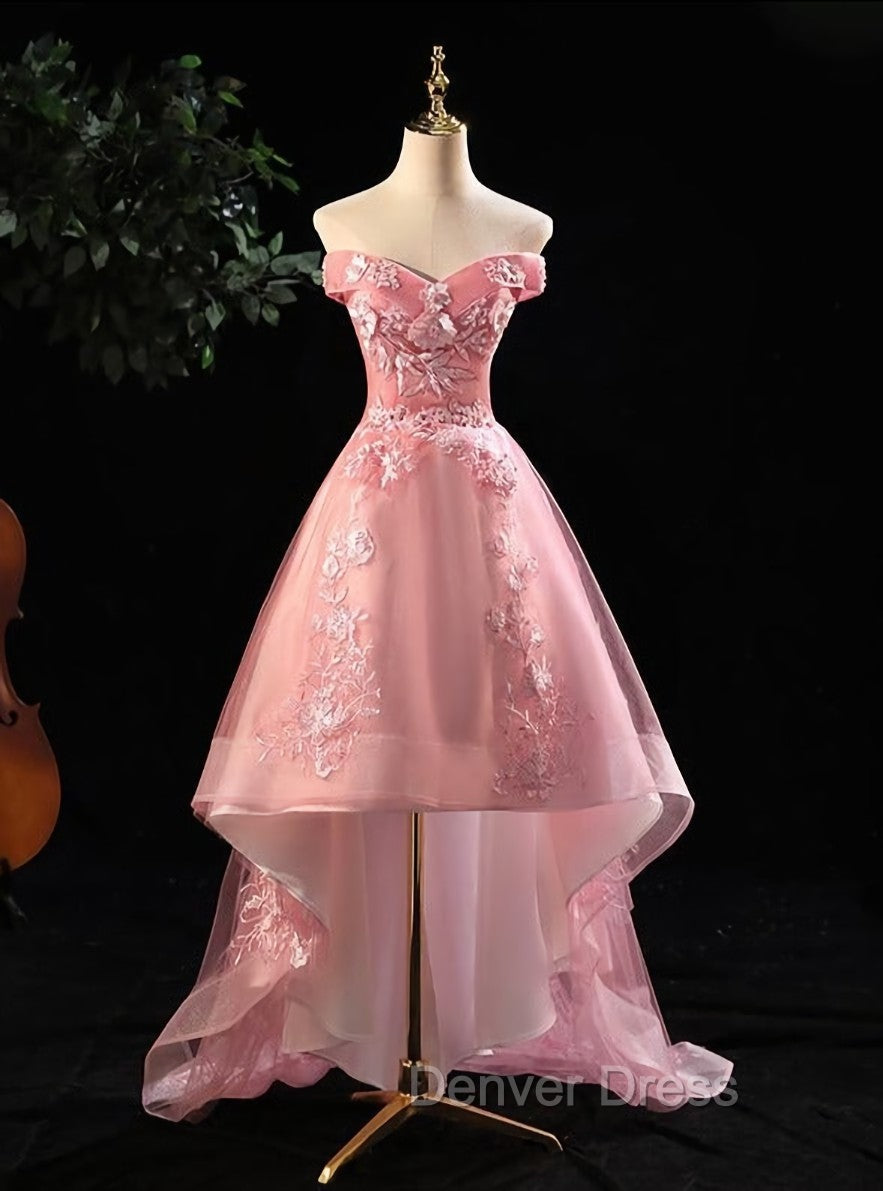Cute Pink Off Shoulder High Low Tulle with Lace Party Dresses, Pink Homecoming Dresses Main image