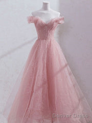 Cute Pink Princess Tulle Sequin Prom Dress Off The Shoulder Evening Dress