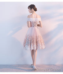 Cute Pink Round Neckline Flower Lace Short Party Dress, Pink Formal Dress  Short