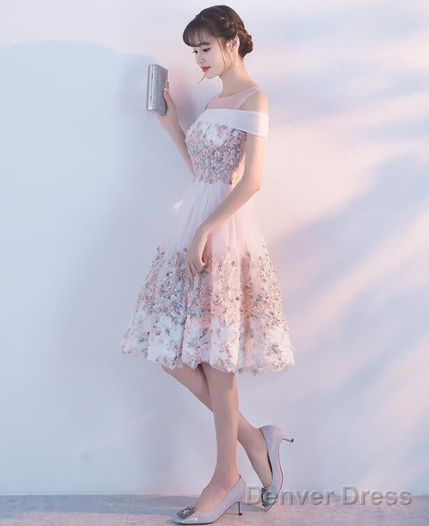 Cute Pink Round Neckline Flower Lace Short Prom Dress, Pink Prom Dresses Short