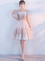 Cute Pink Round Neckline Flower Lace Short Prom Dress, Pink Prom Dresses Short