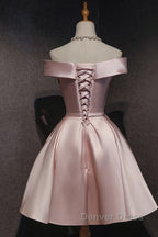 Cute Pink Satin Off Shoulder Knee Length Formal Dresses, Lovely Prom Dresses